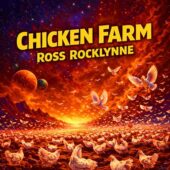 Epic vintage science fiction illustration inspired by Chicken Farm by Ross Rocklynne, showing a vast alien planet overwhelmed by chaotic flocks of white chickens spreading across fiery red terrain under a dramatic cosmic sky, classic sci-fi imagery evoking retro science fiction and golden age speculative storytelling