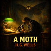 A dimly lit study shows a man hunched over a microscope at a cluttered desk illuminated by a green lamp, while a large, shadowy moth with glowing eyes spreads its wings in the darkness behind him; the image includes the title “A Moth” and the name “H. G. Wells.”