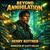Beyond Annihilation by Henry Kuttner vintage science fiction cover art featuring a shocked space outlaw inside a glowing experimental chamber as fractured reality and energy shards surround him in bold retro sci-fi illustration, narrated by Scott Miller