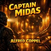 Captain Midas by Alfred Coppel vintage science fiction artwork showing a lone astronaut exploring a vast alien starship corridor where metallic walls glow with ominous golden hues, evoking classic sci-fi themes of greed, cosmic horror, and dangerous discovery in deep space