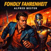 Vintage science fiction illustration of a tense man and humanoid android fleeing through a futuristic spaceport under blazing heat, bold retro 1950s sci-fi art style, Fondly Fahrenheit by Alfred Bester cover art with dramatic lighting and vivid colors