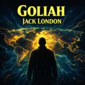 Vintage science fiction illustration for Goliah by Jack London showing a lone figure silhouetted against a glowing world map, crackling energy spreading across the planet as a symbol of global power and control in classic sci-fi storytelling.