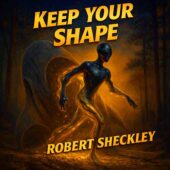 Square vintage science fiction cover art for Keep Your Shape by Robert Sheckley featuring a sleek alien shape-shifter emerging from a glowing organic craft in a dark forest, molten energy flowing through its body, cinematic lighting, retro 1950s science fiction atmosphere, classic sci-fi illustration style.