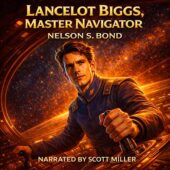 Lancelot Biggs, a lanky young space officer with determined eyes, grips dual control levers inside a glowing spacecraft turret, surrounded by intricate retro-futuristic panels and blazing stars beyond the viewport, rendered in bold vintage science fiction illustration style for Lancelot Biggs, Master Navigator by Nelson S. Bond