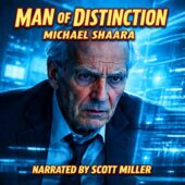 Square promotional artwork for Man of Distinction by Michael Shaara featuring an elderly businessman with a strained, hollow expression, face illuminated by glowing ancestral data streams in a futuristic environment, evoking classic sci-fi themes of identity, legacy, and vintage science fiction technology.