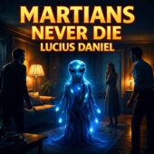 Martians Never Die by Lucius Daniel illustrated as a vintage science fiction scene showing a bioluminescent alien calmly standing in a mid-century living room while tense human figures watch in silence, classic sci-fi atmosphere, alien contact, cinematic lighting, retro science fiction mood