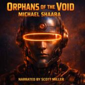 Close-up portrait of a humanoid robot with a smooth metallic face and a glowing circular eye band, calm and expectant expression under moody lighting, representing Orphans of the Void by Michael Shaara, vintage science fiction atmosphere, classic sci-fi robotics and alien intelligence theme