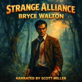Strange Alliance by Bryce Walton vintage science fiction illustration featuring a gaunt dark-haired professor standing in a mist-filled forest at dawn, blood staining his white cuffs and shirt, intense conflicted expression, dramatic shadows, painterly retro 1950s sci-fi style, narrated by Scott Miller.