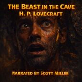 Terrified man trapped in a dark cave, wide fearful eyes and sweat-covered face illuminated by dim light, claustrophobic rock walls surrounding him, vintage science fiction horror style inspired by The Beast in the Cave by H. P. Lovecraft