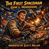 Vintage science fiction illustration of a young astronaut battling inside a damaged spacecraft cockpit, sparks flying as he grips a control lever with intense determination, alien ships glowing in the background, shattered hull revealing deep space, dramatic lighting and bold colors, The First Spaceman by Gene L. Henderson