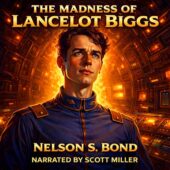 Close-up of Lancelot Biggs, a young space officer with sharp features and intense blue eyes, standing before glowing control panels inside a retro-futuristic spacecraft, dramatic lighting and bold colors, vintage science fiction style, The Madness of Lancelot Biggs by Nelson S. Bond