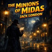 Moody nighttime city street scene from The Minions Of Midas by Jack London, a lone man in a dark overcoat reads a letter under glowing gaslights while fog drifts between tall buildings and shadowy figures watch from rooftops, creating a tense noir atmosphere in vintage science fiction style with dramatic shadows and cinematic urban mystery.