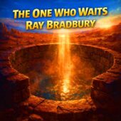 vintage science fiction illustration for The One Who Waits by Ray Bradbury showing an ancient stone well on Mars with golden sunlight pouring into misty water, surrounded by red Martian desert, rocky terrain, and distant mountains, evoking classic sci-fi atmosphere and quiet cosmic horror