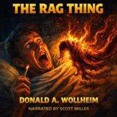 Vintage science fiction horror illustration for The Rag Thing by Donald A. Wollheim, featuring a terrified young man recoiling in bed as a flaming, twisting cloth-like creature lashes toward his face. Dramatic chiaroscuro lighting highlights his wide, panic-stricken eyes and the glowing match in his hand, while fiery tendrils arc through the dark bedroom in bold retro sci-fi style. Narrated by Scott Miller.
