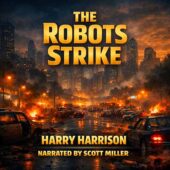 Vintage science fiction illustration for The Robots Strike by Harry Harrison featuring a burning city at night with stalled cars, scattered fires, towering skyscrapers fading into smoke, dramatic orange glow, and bold cinematic retro sci-fi atmosphere, narrated by Scott Miller for The Lost Sci-Fi Podcast.