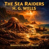 The Sea Raiders by H. G. Wells vintage science fiction illustration, massive cephalopod creatures emerging from kelp-covered rocks along a storm-lit Victorian coastline, lightning striking over turbulent ocean, small rowboat with two men facing towering tentacled monsters, dramatic cinematic lighting, painterly retro sci-fi style