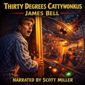 Thirty Degrees Cattywonkus by James Bell vintage science fiction illustration, startled young man in striped pajamas opening a mysterious hallway door, glowing tilted alternate dimension beyond with crashing spacecraft and chaotic city scene, dramatic lighting and bold retro sci-fi style