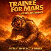 Trainee for Mars by Harry Harrison vintage science fiction cover art showing a panicked astronaut kneeling in swirling Martian dust while repairing failing equipment, face contorted in desperation beneath a damaged retro pressure helmet, sparks flying against a blood-red sky, bold mid-century sci-fi illustration with dramatic lighting and high-contrast cinematic detail for The Lost Sci-Fi Podcast narrated by Scott Miller