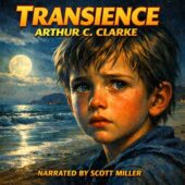 Transience by Arthur C. Clarke vintage science fiction illustration featuring a young boy standing on a moonlit shoreline, emotional face with tearful eyes and quiet sadness, soft ocean waves reflecting pale light, distant hills under a glowing night sky, cinematic lighting with painterly detail, classic sci-fi atmosphere capturing a fleeting human moment against an endless sea