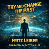 Vintage science fiction illustration for Try and Change the Past by Fritz Leiber, showing a lone man standing in a futuristic control chamber overlooking Earth from orbit, surrounded by glowing holographic consoles and complex time-navigation displays while radiant lines of light branch outward like a timeline network from a brilliant central burst, suggesting attempts to alter history, dramatic cosmic lighting and deep space backdrop in bold illustrated vintage sci-fi style with narration credit for Scott Miller.