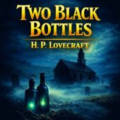 Two Black Bottles by H. P. Lovecraft cover art showing a moonlit abandoned stone church on a fog-covered moor, glowing black glass bottles in the foreground near ancient gravestones, eerie atmospheric cosmic horror scene inspired by vintage science fiction and classic weird fiction.