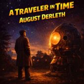 Vintage science fiction book cover illustration showing a lone man in a trench coat standing in a twilight backyard beside a glowing retro time machine, star-filled sky overhead, bold golden title text A Traveler in Time by August Derleth, classic sci-fi atmosphere, dramatic lighting, nostalgic vintage sci-fi artwork
