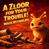 Vintage science fiction illustration for A Zloor for Your Trouble by Mack Reynolds showing a friendly alien creature on a red Martian landscape beside shattered futuristic machinery, classic sci-fi tone with warm cinematic lighting and retro science fiction atmosphere