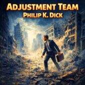 Vintage science fiction illustration of a lone businessman carrying a briefcase as a modern city collapses into gray dust around him, surreal urban destruction revealing hidden reality, dramatic mid-century science fiction atmosphere inspired by Adjustment Team by Philip K. Dick, classic sci-fi vision of reality breaking apart under unseen forces