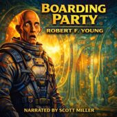 Boarding Party by Robert F. Young vintage science fiction audiobook cover featuring a shocked alien ship captain inside a glowing bio-organic starship deck, bold retro 1950s sci-fi illustration style, warm golden sunlight through a transparent hull, narrated by Scott Miller.