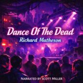Dance Of The Dead by Richard Matheson vintage science fiction illustration, smoky underground nightclub in a ruined futuristic city, harsh purple lighting, tense crowd watching a shadowy figure on stage, retro sci-fi horror atmosphere, cinematic shadows, bold neon tones