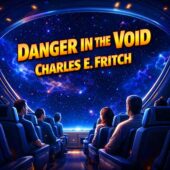 Interior view of a futuristic starliner cabin with seated passengers gazing through a massive observation dome into deep space, Earth visible against a star-filled void, evoking classic sci-fi tension in Danger in the Void by Charles E. Fritch, vintage science fiction space travel and suspense.