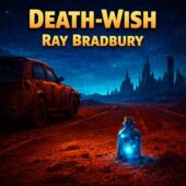 vintage science fiction artwork for Death-Wish by Ray Bradbury showing a glowing blue glass bottle resting on red Martian soil beside a deserted highway, a rusted vehicle abandoned under a star-filled alien sky, and distant ruined city spires, evoking classic sci-fi mystery and obsession