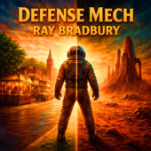 Defense Mech by Ray Bradbury illustrated in vintage science fiction style showing a lone astronaut standing between two worlds, one side a nostalgic small-town street and the other a hostile Martian landscape, dramatic split composition, surreal contrast, cinematic lighting, retro sci-fi atmosphere, classic science fiction artwork, high-detail painterly scene evoking mid-century vintage sci-fi themes