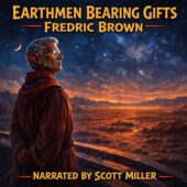 Vintage science fiction illustration of a thoughtful Martian leader standing on a rooftop balcony overlooking the red Martian desert at twilight, gazing toward the distant horizon under a star-filled sky, solemn expression illuminated by warm sunset light and cool starlight, painterly retro sci-fi style inspired by classic magazine cover art for Earthmen Bearing Gifts by Fredric Brown.