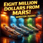 Eight Million Dollars From Mars! by Winston Marks illustrated as a vintage science fiction scene inside a retro-futuristic spacecraft where immobilized human passengers lie in glowing stasis pods under cold metallic lighting, evoking classic sci-fi themes of space travel, technological control, and claustrophobic survival aboard an interplanetary vessel.
