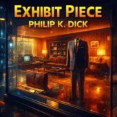 A retro-futuristic museum exhibit displays a meticulously recreated 1950s American living room behind glass, warmly lit and eerily empty, featuring a headless mannequin in a vintage business suit, an old television, mid-century furniture, and a leather briefcase, with bold golden title text reading “Exhibit Piece” and “Philip K. Dick” at the top.