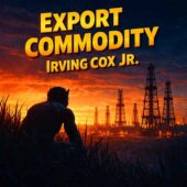 vintage science fiction illustration for Export Commodity by Irving Cox Jr., a lone alien observer crouches in tall grass overlooking an oil field at dusk, silhouetted derricks glowing against an orange and blue sky, tense atmosphere of classic sci-fi alien contact and ethical conflict