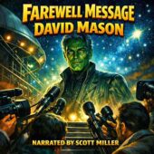 Farewell Message by David Mason vintage science fiction illustration featuring a green-skinned alien delivering a speech from a spaceship gangplank to a crowd of reporters with microphones and cameras under a star-filled night sky, dramatic lighting, classic retro sci-fi cover art style