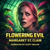 Flowering Evil by Margaret St. Clair vintage science fiction illustration featuring a pale, tense middle-aged woman inside a humid glass greenhouse, glossy alien leaves curling around her under dramatic green and magenta lighting, bold gold title text with NARRATED BY SCOTT MILLER at the bottom, modern painterly sci-fi style, high contrast, eerie extraterrestrial atmosphere.