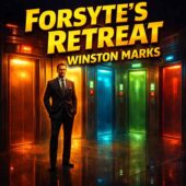 Square vintage science fiction cover art for Forsyte’s Retreat by Winston Marks, showing a solitary middle-aged hotel manager in a tailored suit standing in a glossy retro-futuristic hallway before multiple glowing elevators in different colors, suggesting time travel, fractured reality, and classic sci-fi mystery atmosphere.