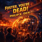 Retro sci-fi illustration of a futuristic bomb shelter in a glowing glass showroom, crowds gathered as a young boy looks inside, dramatic dusk sky, vintage science fiction and classic sci-fi cover art for Foster, You’re Dead by Philip K. Dick