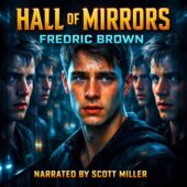 Hall of Mirrors by Fredric Brown vintage science fiction artwork showing a young man with fear and grief in his eyes reflected endlessly in opposing mirrors, modern sci-fi atmosphere, psychological tension, vintage sci-fi concept of identity and time.