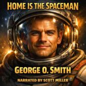 vintage science fiction illustration of a confident young spaceman in a reflective helmet staring forward with calm determination, stars and glowing cosmic reflections visible in the visor, dramatic golden lighting against a deep starfield background, classic retro sci-fi aesthetic for Home is the Spaceman by George O. Smith