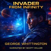 Invader From Infinity by George Whittington vintage science fiction cover art showing a hardened space commander in profile staring into a glowing viewscreen, blue eyes intense with calculation as deep space and a distant planet loom outside the spacecraft window, cinematic classic sci-fi atmosphere conveying alien threat and impending confrontation