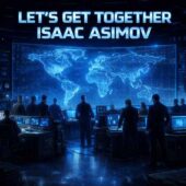 Vintage science fiction command center inspired by Let’s Get Together by Isaac Asimov, featuring scientists gathered around retro futuristic consoles before a glowing global map in a vast underground control room, cinematic blue lighting, tense Cold War atmosphere, classic sci-fi technology and high-tech surveillance environment evoking mid-century robotic espionage themes