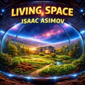 Living Space by Isaac Asimov vintage science fiction scene of a futuristic glass-domed habitat on a barren alien world, lush green gardens and farmhouse beneath a transparent protective field, winding path and reflective waterway in the foreground, vast cosmic sky with stars and nebulae arching overhead, cinematic retro sci-fi landscape suggesting parallel Earths and isolated planetary living in classic science fiction style
