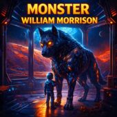 Massive alien dog-like creature standing protectively beside a small child inside a futuristic Martian habitat, cinematic lighting, towering scale, protective bond, Monster by William Morrison, vintage science fiction, classic sci-fi, retro sci-fi illustration