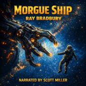 Square promotional artwork for Morgue Ship by Ray Bradbury showing a massive mechanical retrieval claw extending from a spacecraft toward a lone drifting astronaut in deep space, cinematic lighting, high detail, dramatic tension, vintage science fiction, classic sci-fi atmosphere.