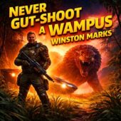 Never Gut-shoot A Wampus by Winston Marks depicted as a dramatic vintage science fiction scene with a wealthy interstellar hunter standing on a lush alien world as a massive wampus predator emerges behind him, glowing spacecraft nearby, conveying classic sci-fi danger, power, and survival themes.