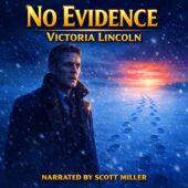No Evidence by Victoria Lincoln vintage science fiction audiobook cover featuring a middle-aged man in a dark overcoat standing in falling snow at dawn, staring at identical footprints leading away across a frozen field, dramatic cold blue lighting with fiery sunrise glow, modern sci-fi realism, narrated by Scott Miller for The Lost Sci-Fi Podcast